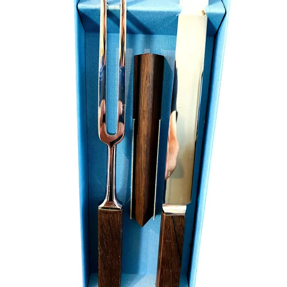 New Vintage Georg Jensen 3 Pc Carving Set Knife Fork Steel Box Denmark NOS